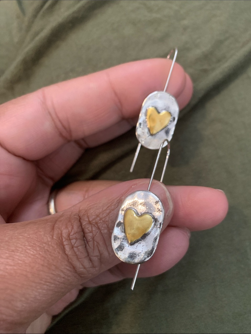 Handcrafted Silver and Gold Heart Drop Earrings